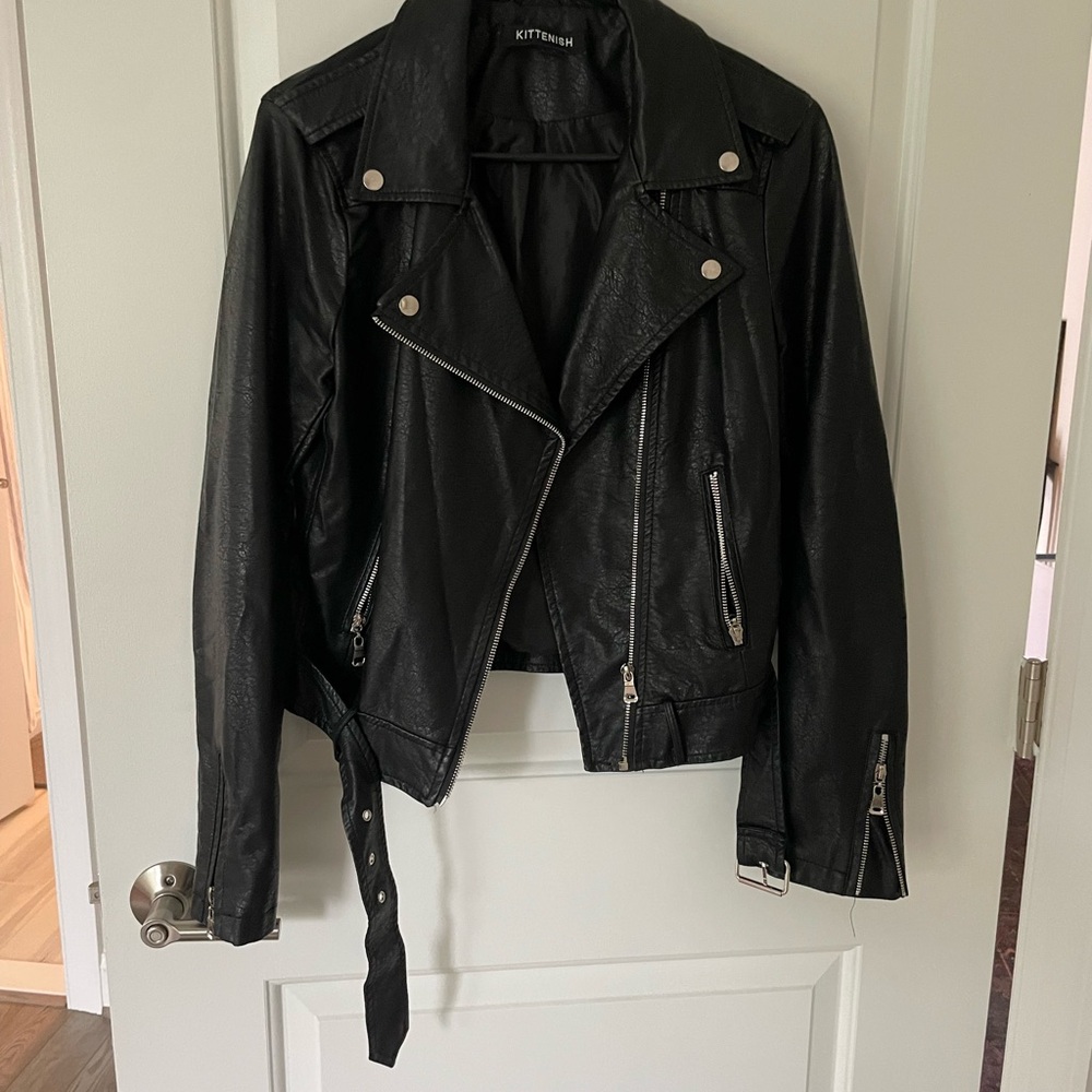 Kittenish Black Leather Moto Jacket Asymmetrical Zipper